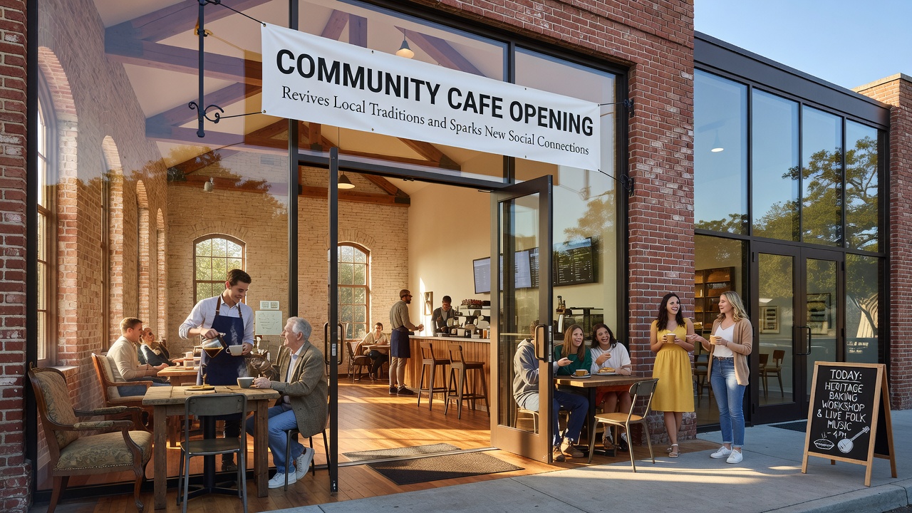 Interior of the community cafe showing restored historic elements and current seating arrangements